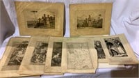 Collection of antique engravings, maps, pages