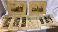 Collection of antique engravings, maps, pages