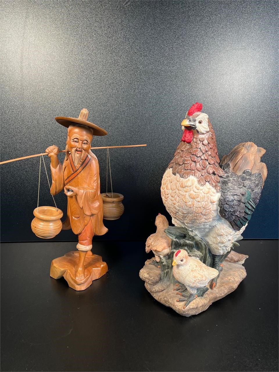 Carved Asian Figurine & Composite Rooster