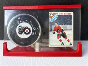 Bill Barber autographed puck and card