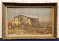 1975 Oil Painting Cowboys in Rain By Dan Garrett