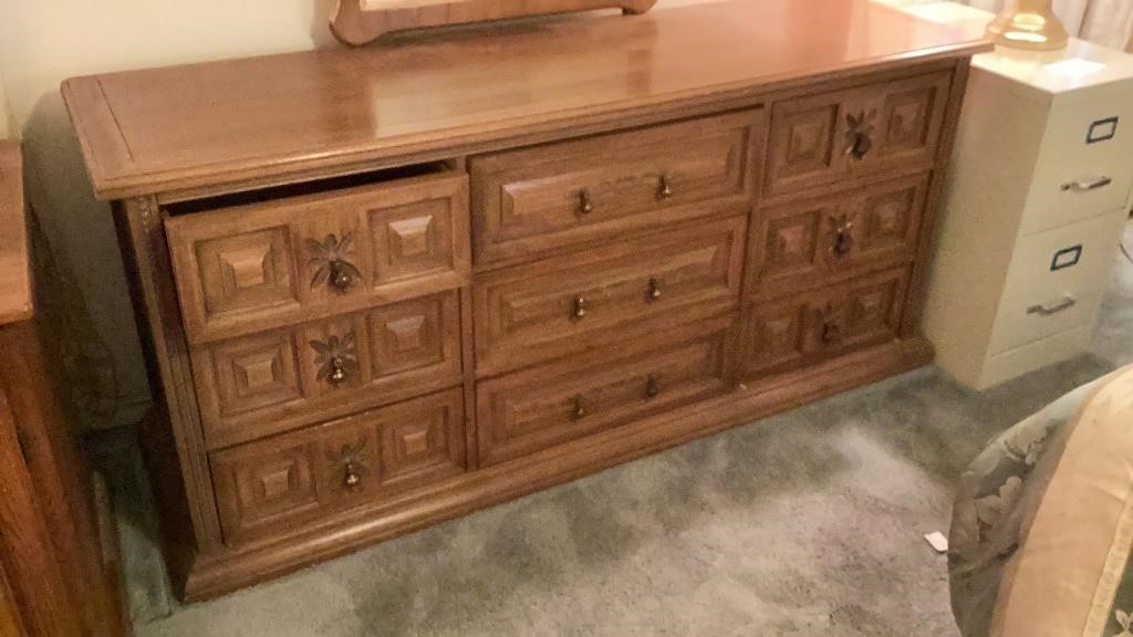 9 drawer dresser, 67 x 20 x 31, Mirror is 28 x