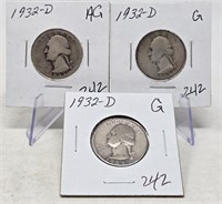 (3) 1932-D Quarters AG-G