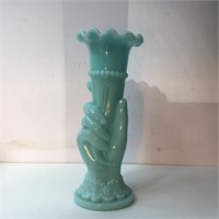 PRESSED GLASS TEAL BLUE 'HAND' VASE ANTIQUE