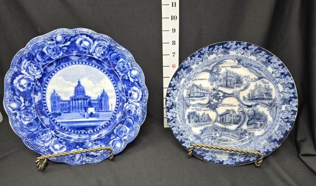 Iowa State Capitol & Salem MA Flow Blue Plates