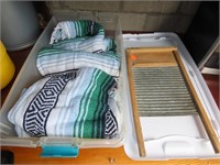 Tote, blankets, antique washboard.
