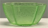 Green Etched Glass Lobed Bowl Uranium Glass