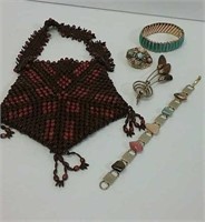 2 Brooches, Bracelets & Beaded Bag