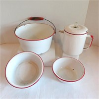 Enamel  Percolator/Bucket w/Handle/Bowls