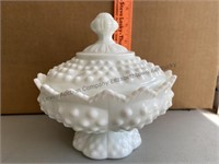Fenton hobnail milk glass covered candy dish