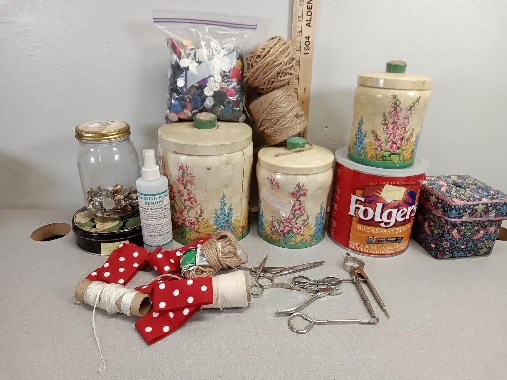 Sewing equipment, lots of buttons, needles, jute