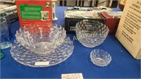 FOUR PRESSED GLASS SERVING PIECES W/ PINWHEEL RIMS