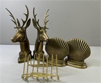 Brass Deer & Shell Bookends; Plate Stands