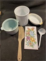 Misc Lot W/ Ceramic Canisters Porcelain Ladle
