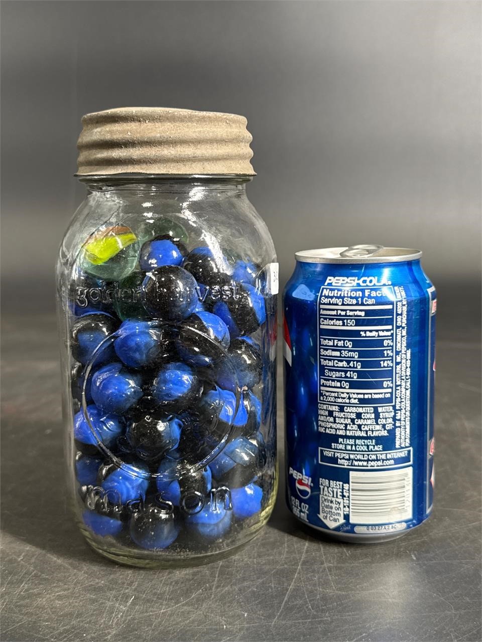 NICE JAR OF VINTAGE SHOOTER SIZE GLASS MARBLES