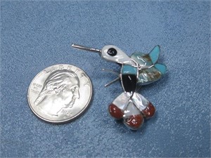 S.S. N/A Multi Stone Humming Bird Pin Signed