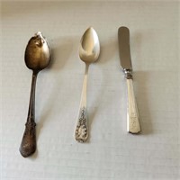 2 sterling spoons, 1 weighted sterling spreader