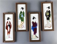 Set of 4 Hand Painted Framed Tiles of Geishas