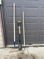 HOE , METAL RAKE AND SPADE