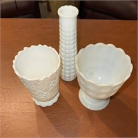 3 Vintage Milk Glass Vases See description.