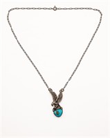 Signed KF Navajo Sterling Turquoise Eagle Necklace