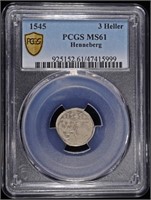 1545 SILVER HENNEBERG 3 HELLER PCGS MS61