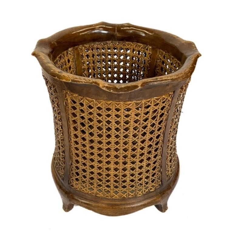 ITALIAN WALNUT DOUBLE CANED WASTE BASKET