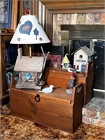 2 Benches, Handcrafted Birdhouse Lamp, Bookends