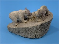 2 Moose antler carved grizzly bears on a bone base