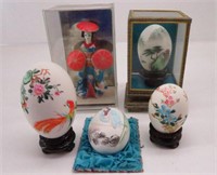 (4) Oriental Painted Eggs & Oriental Doll