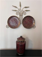 Wheat plate holder w Chinese plates and urn