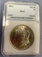 1890 S Morgan silver dollar, MS 65 by NNC
