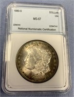 1880 S Morgan silver dollar, MS 67 by NNC
