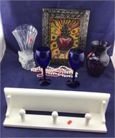 Clear & Purple & Cobalt Vases + Shelf + Tin Pic