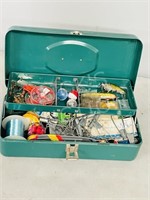 green metal tackle box & contents