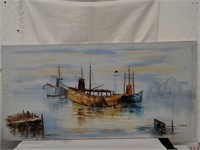Acrylic on Canvas, Signed Crane Boat on Water