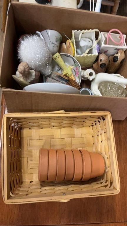 Lot of Knick-knacks and basket of clay planters
