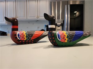 Vintage Japanese hand carved & painted duck pair.