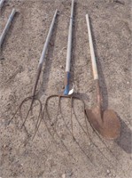4-Tine Fork, 3-Tine Fork, Pointed Nose Shovel