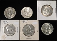 1951-D,1952,1953,(2)1954,1960-D FRANKLIN HALVES AU