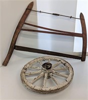 Vintage Buck Saw and Wagon Wheel