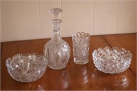 Cut Glass Bowls; Carafe; Vase