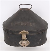 19TH CENTURY BRITISH METAL HAT OR CAP BOX NAMED