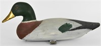 Duck Decoy Hand Carved Wood with Glass eye & Brass