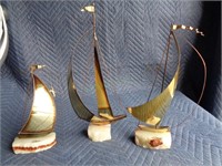 3 Brass Sculpted  Sail Boat on Agate Base