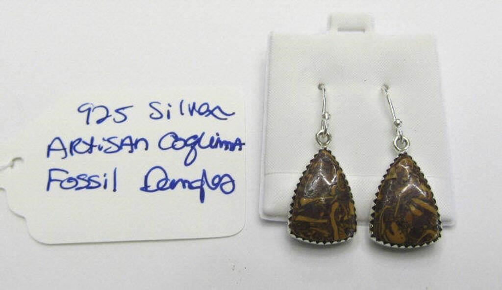 925 Silver Artisan Coquina Fossil Dangle Earrings