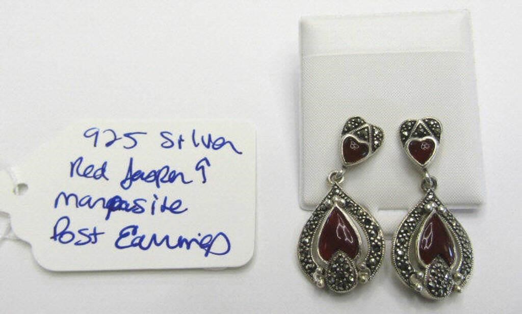 925 Silver Red Jasper & Marcasite Post Earrings