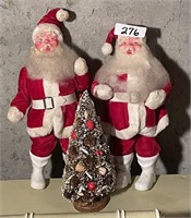 2 vintage Santas and bottle brush tree