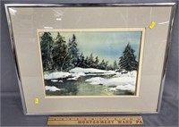 Signed Winter River Landscape Watercolor