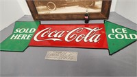 Metal Coca-Cola arrow sign, plate and framed print